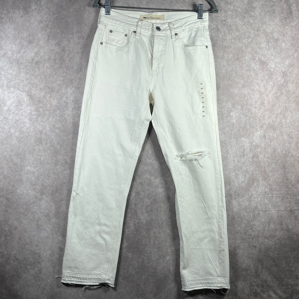 Gap 1969 Jeans Womens 25 Cream Denim Vintage Straight Distressed Button Fly NWOT